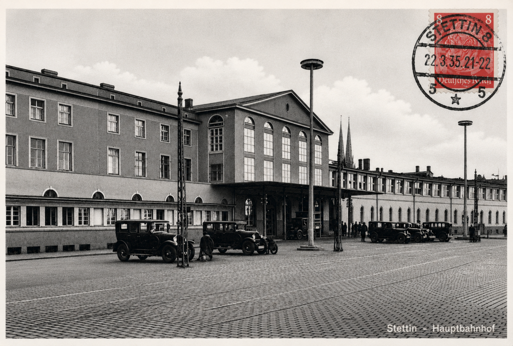 Szczecin (Stettin). Modernistyczno-klasycystyczny gmach głównego dworca pasażerskiego (Stettin Hauptbahnhof) z placem przydworcowym. Przed 1935 rokiem. Deutschlands Städtebau: Stettin, hrsg. von Magistrat, Berlin-Halensee 1925 (b.n.s.).