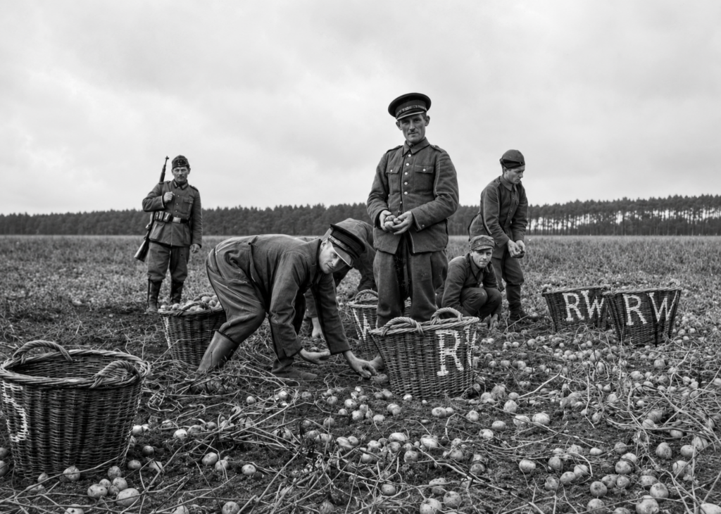 Jeńcy polscy we wrześniu 1939 r. podczas zbierania ziemniaków, z prawej pilnujący ich żołnierz niemiecki (NAC, 2-116)