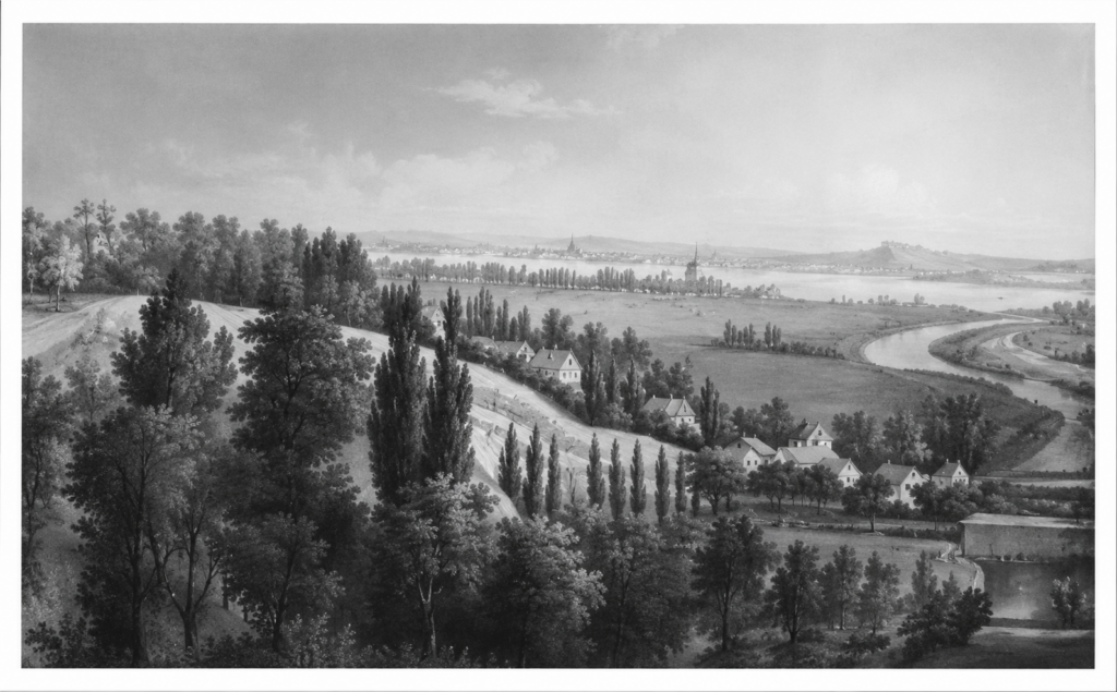 Widok z siedziby Tilebeinów na dolinę Odry, rysunek Julius Mintuoli (1804-1860), Źródło: Otto Altenburg, Die Tilebeins und ihr Kreis: Stettiner Bürgerkultur im 18. und 19. Jahrhundert, vornehmlich in der Goethezeit, Stettin: Leon Sauniers Buchhandlung 1937, s. 37.