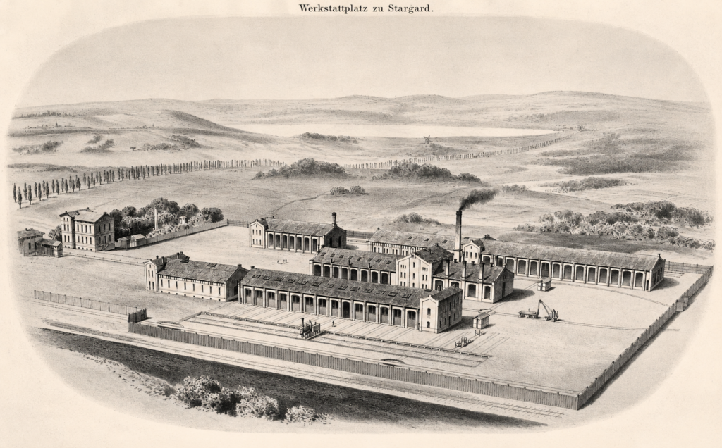 Stargard (Stargard i. Pom.). Plan sytuacyjny kompleksu Głównego Warsztatu Kolejowego Pruskich Kolei Państwowych (późniejszy RAW). Widoczna przesuwnica, hale parowozowe, odlewnie i kuźnie. Stan z 1864 roku. Deutschlands Städtebau: Stettin, hrsg. von Magistrat, Berlin-Halensee 1925 (b.n.s.).