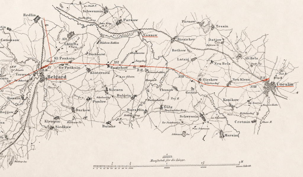 Odcinek Białogard (Belgard) – Koszalin (Cöslin). Mapa topograficzna trasy Kolei Tylnopomorskiej z kilometrażem w milach pruskich. Druga połowa XIX wieku. Deutschlands Städtebau: Stettin, hrsg. von Magistrat, Berlin-Halensee 1925 (wkładka).