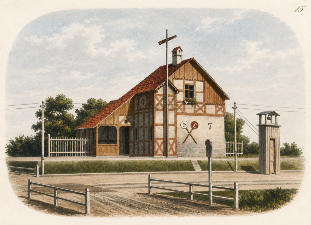 Standaryzowany projekt architektoniczny domu dróżnika (mur pruski) Kolei Tylnopomorskiej (kolej Stargard – Koszalin)wraz z wolnostojącą dzwonnicą sygnałową. Stan z około 1864 roku. Album der Stargard-Cöslin-Colberger Eisenbahn, Stettin 1862, s. 32.