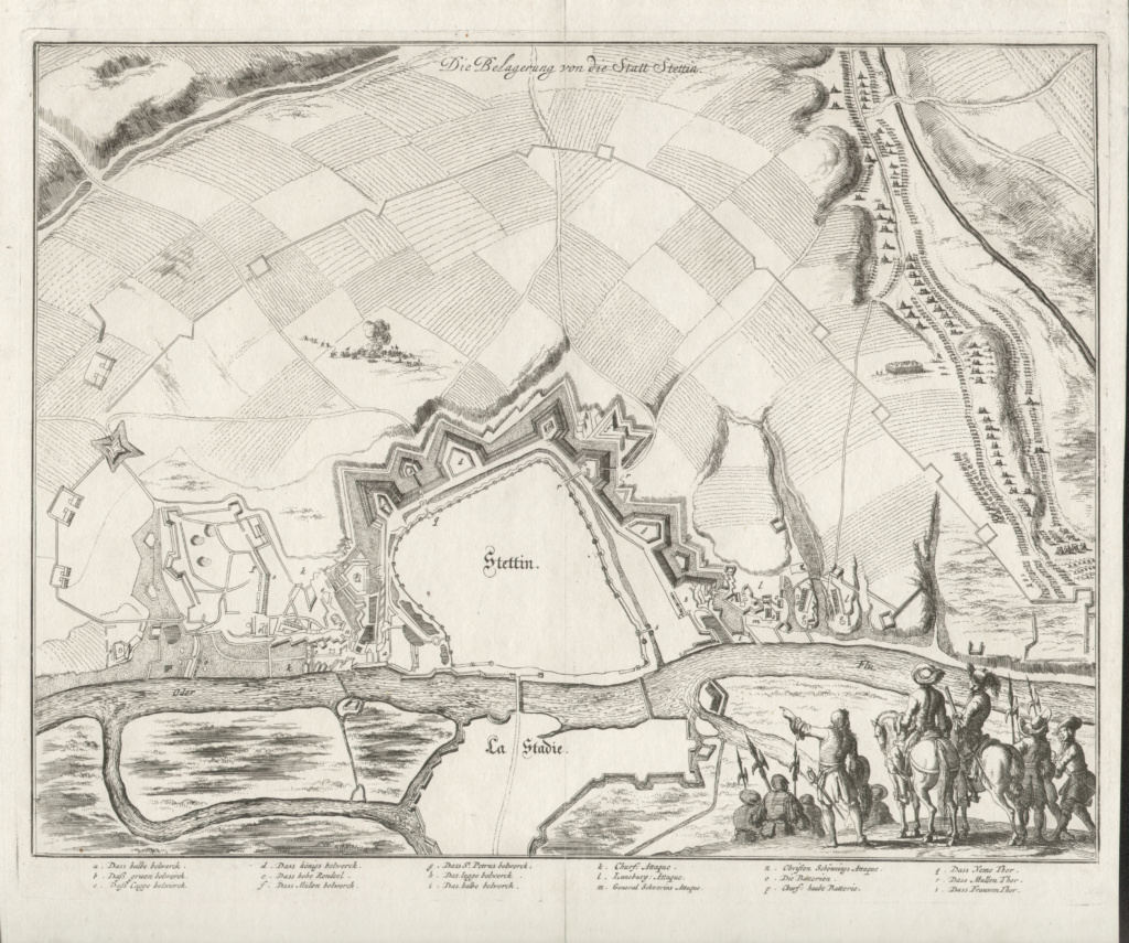 Plan oblężenia Szczecina z 1677 roku przez Wielkiego Elektora. Die Belagerung der Stadt Stettin. Miedzioryt jednobarwny wykonany w 1690 roku; wymiary: 33 x 25,5 cm. AP Szczecin, Zbiór kartograficzny, sygn. 87.