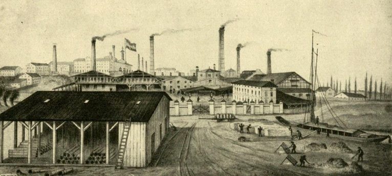 Szczecin (Stettin). Panorama zakładów Szczecińskiej Fabryki Wyrobów Szamotowych (Stettiner Chamotte-Fabrik) z halami produkcyjnymi, kominami oraz transportem wodnym na rzece. Stan z 1871 roku. Stettiner Chamottefabrik Aktiengesellschaft Vormals Didier. 50 Jahre Aktiengesellschaft 1872-1922, Stettin 1922 (b.n.s.).